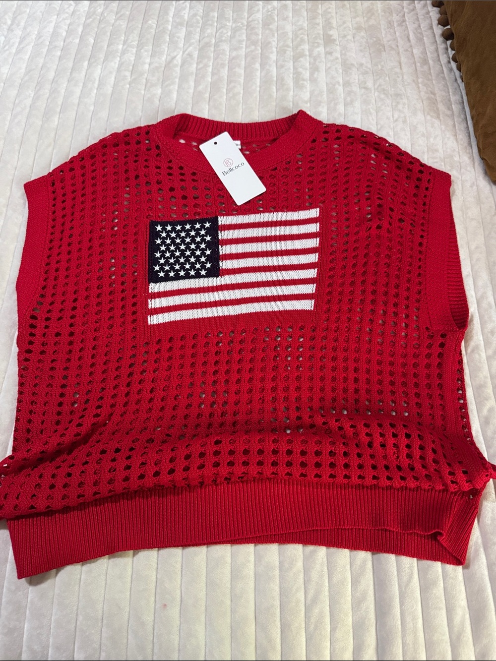 Red Sleeveless Knit Top with American Flag